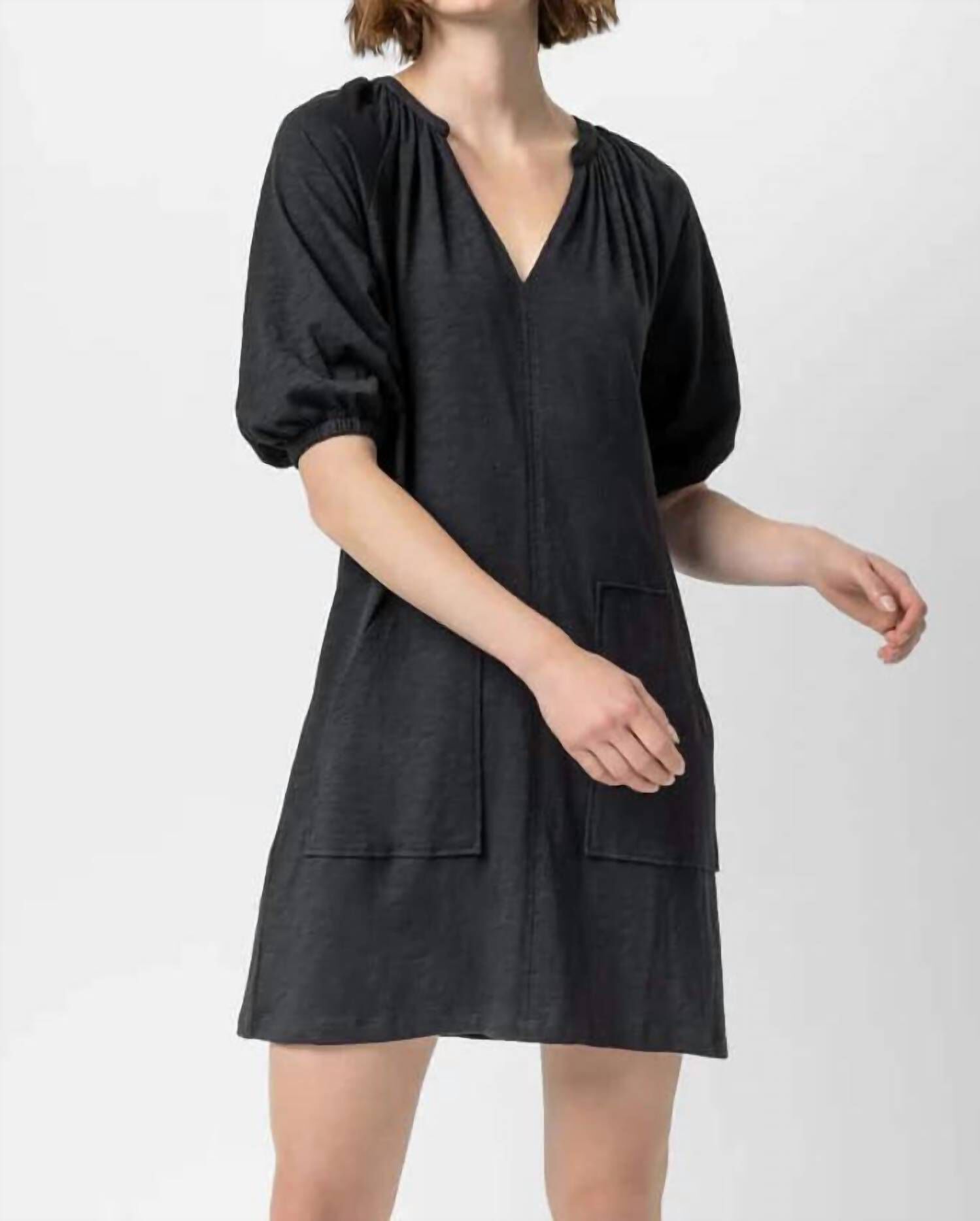3/4 Sleeve Split Neck Puff Sleeve Dress in Black, Black / Black, hi-res image number 0
