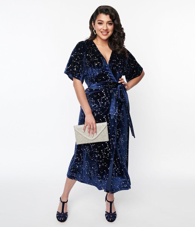 Unique Vintage Navy & Silver Stars Velvet Wrap Midi Dress, Navy Silver Stars / Navy, hi-res image number 0