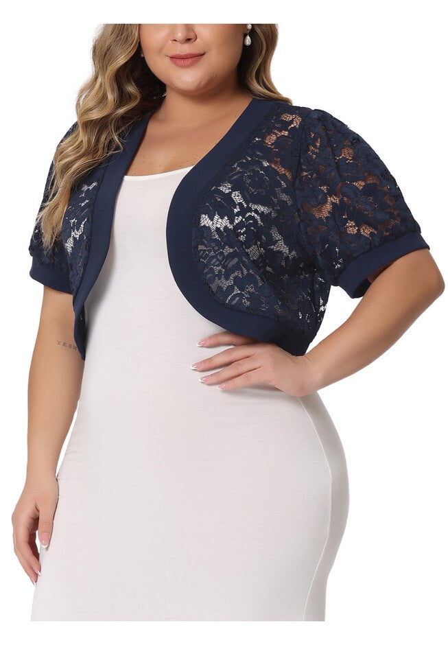 CROPPED CARDIGAN FLORAL LACE SHEER BOLERO SHRUG, Navy Blue / Navy, alternate image number 1