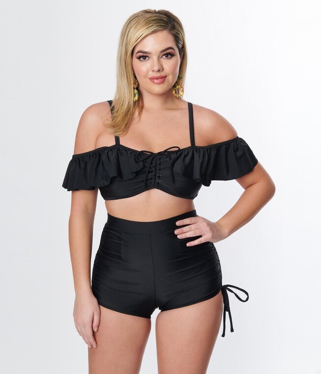 Unique Vintage Black Pull Tie Swim Shorts, , alternate image number 8