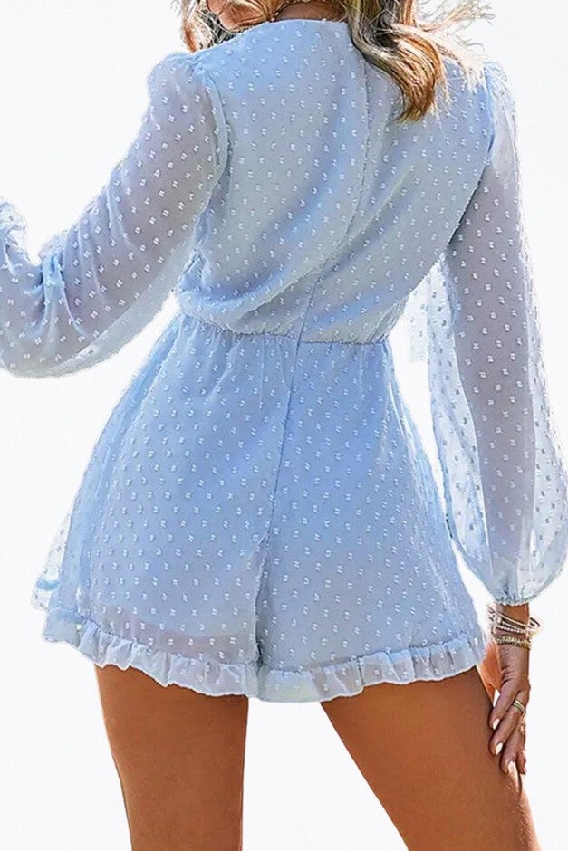 CUTOUT RUFFLED CHIFFON FLOUNCE ROMPER IN BLUE, Blue / Light Blue, alternate image number null