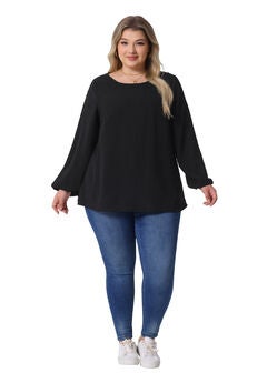 Crewneck Chiffon Blouses Swiss Dots Long Sleeve Top