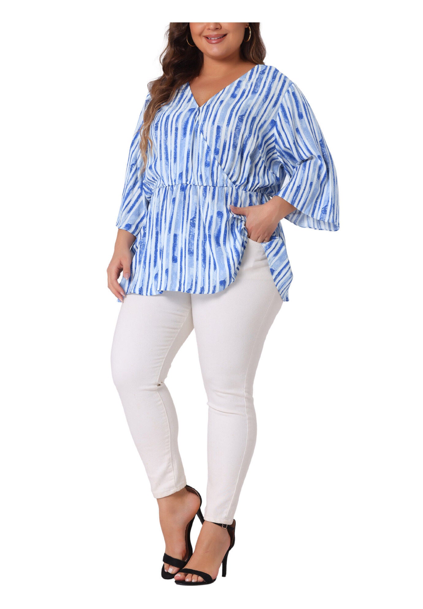 Boho Work V Neck Striped Peplum Top Blouse, Light Blue / Light Blue, alternate image number 1