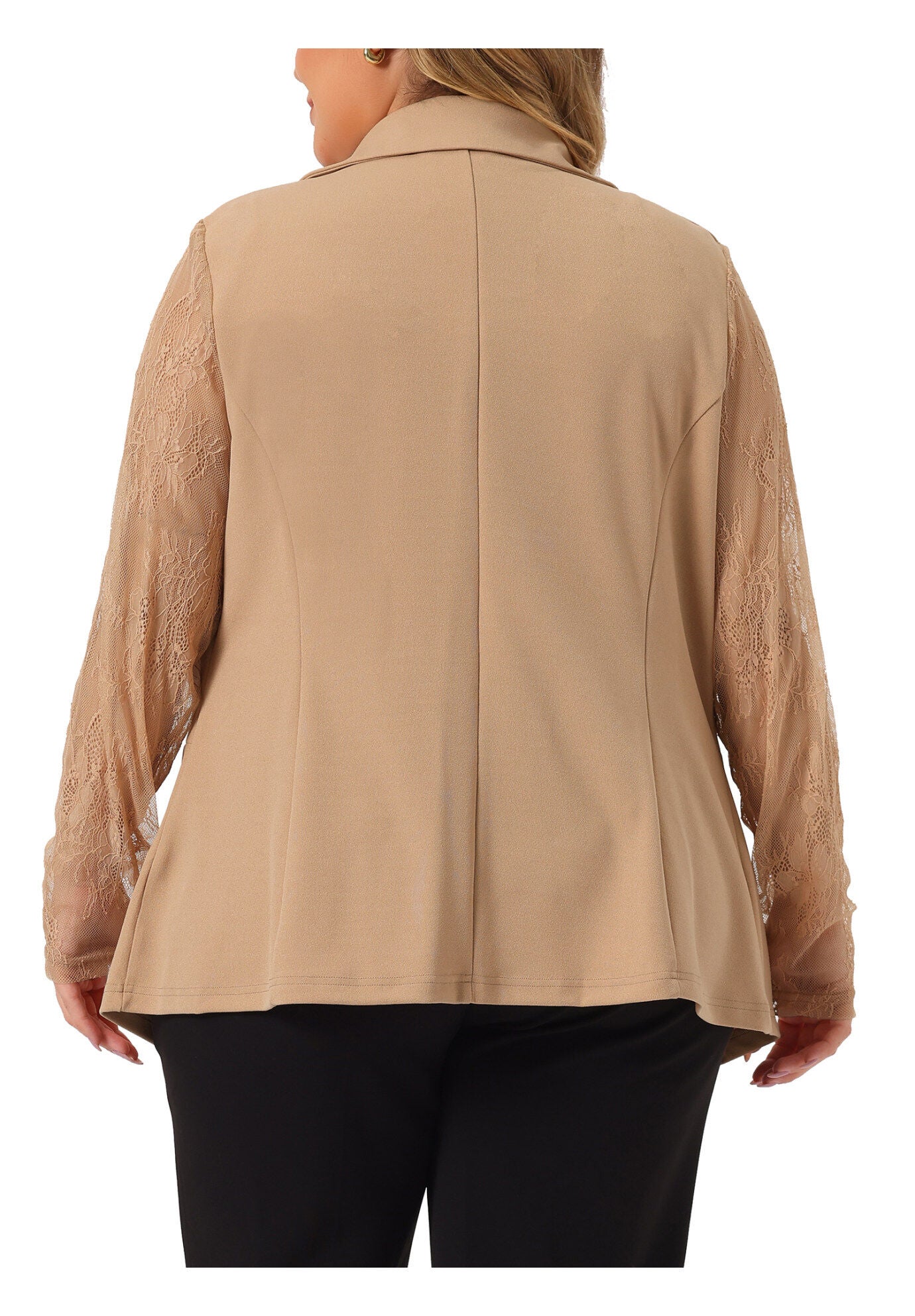 NOTCH LAPEL LACE FRONT BLAZER JACKET, Khaki / Brown, alternate image number 3