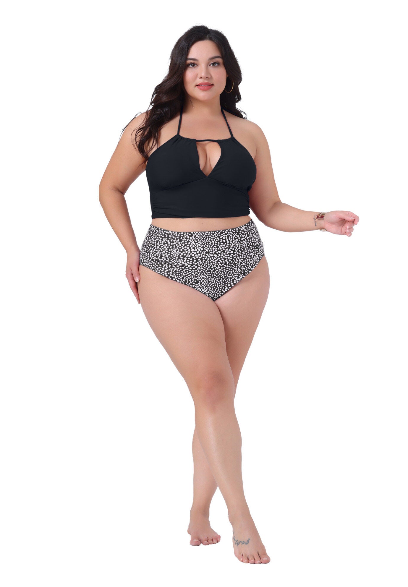 2 Piece Halter Ruched Polka Dots Solid High Waisted Swimsuit Set, Black White / White, hi-res image number 0