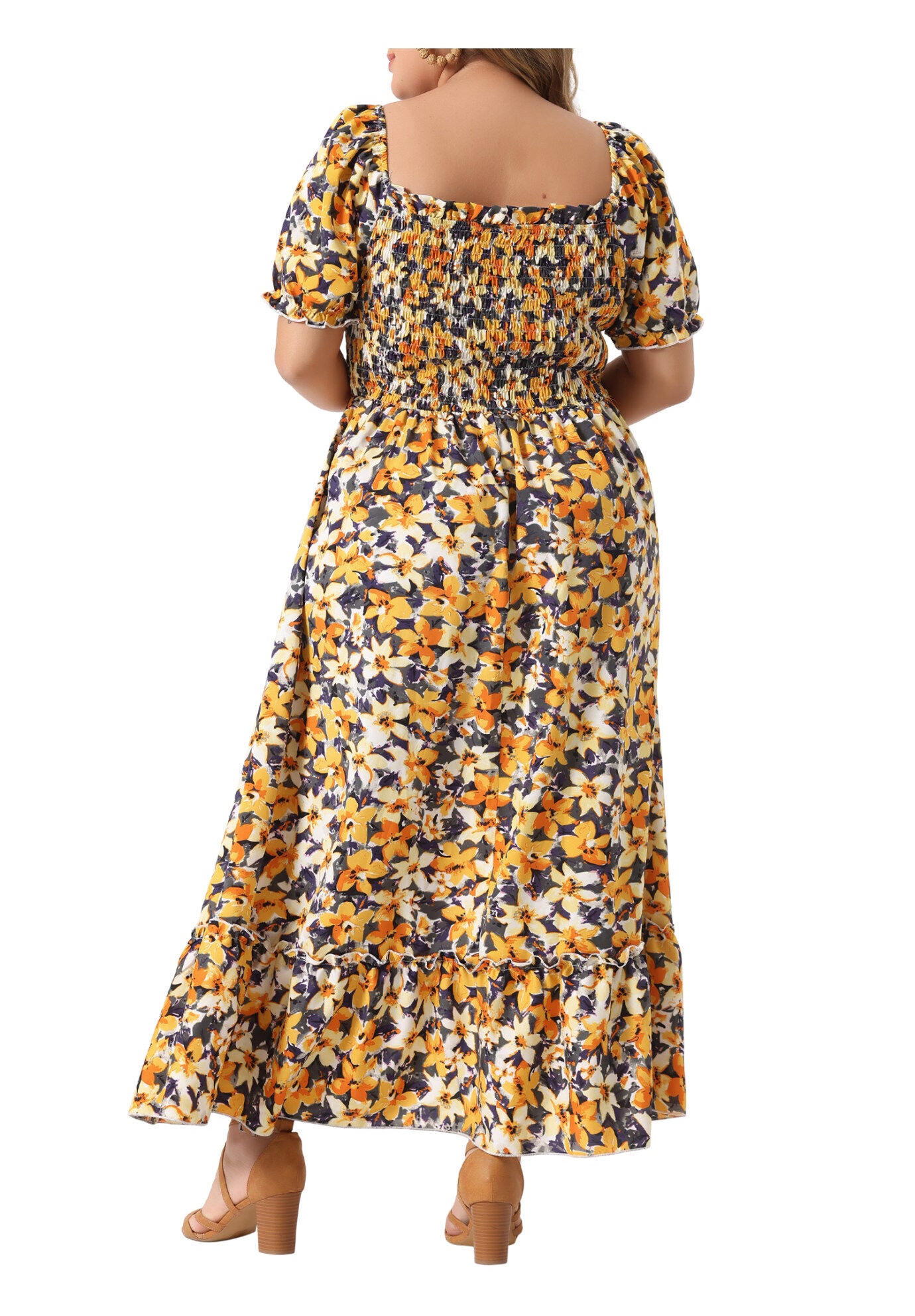 Short Sleeve Shirred Square Neck Floral Maxi Dress, Yellow / Yellow, alternate image number 3