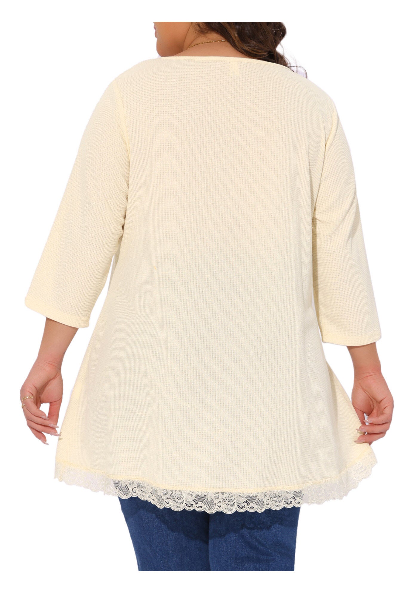 Waffle 3/4 Sleeve Lace Panel Loose High Low Hem Blouse Top, Beige / Beige, alternate image number 1