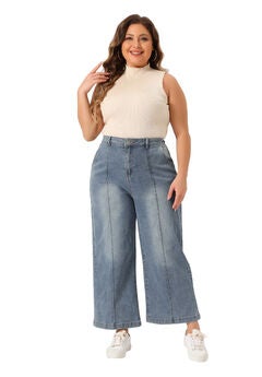 WIDE LEG BAGGY WASHED STRETCH DENIM ANKLE JEANS