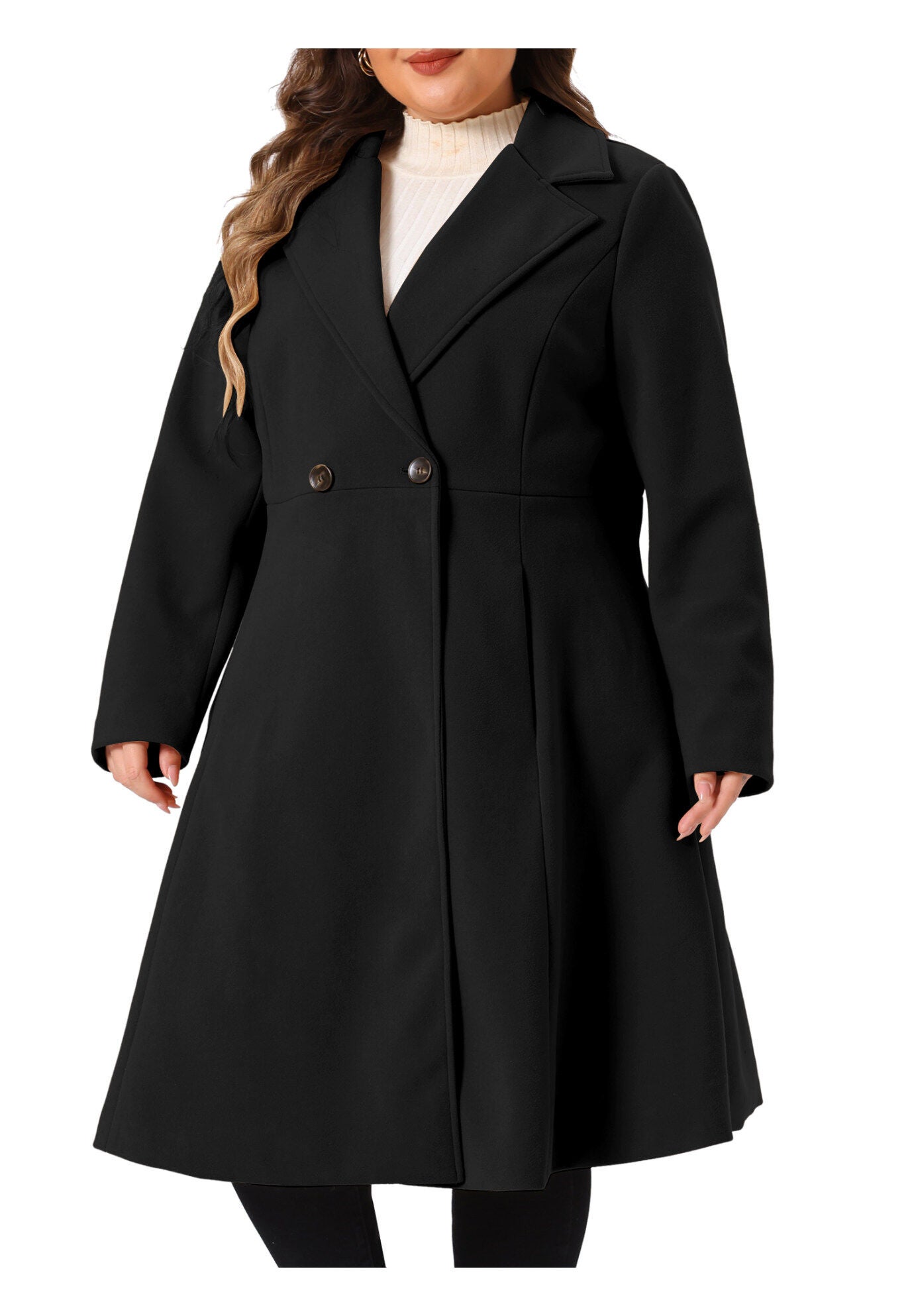 Notch Lapel A Line Double Breasted Trench Dress Pea Coat, Black / Black, alternate image number 1