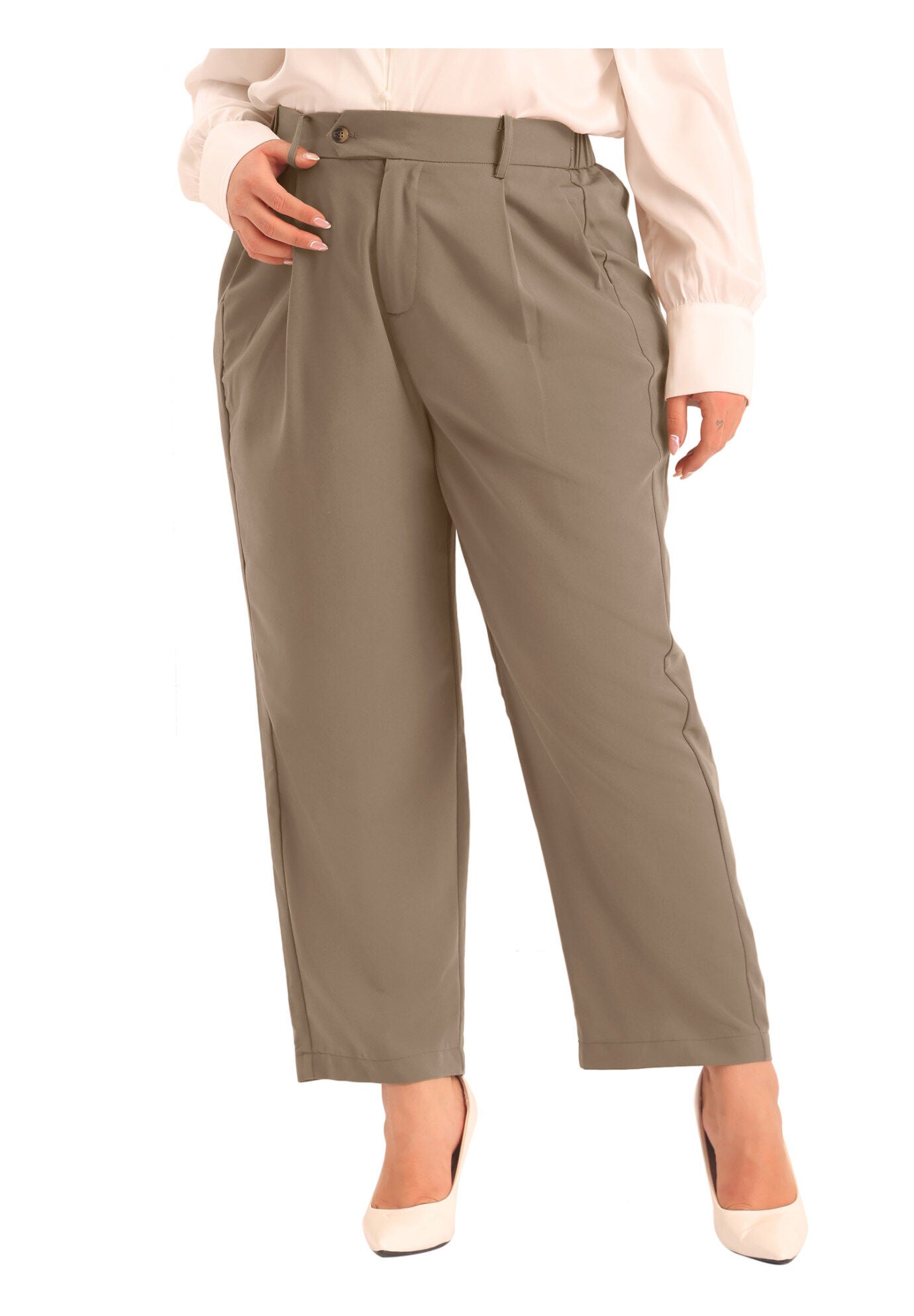 ELASTIC HIGH WAISTED LONG STRAIGHT BUSINESS CASUAL TROUSERS, Brown / Brown, alternate image number 1