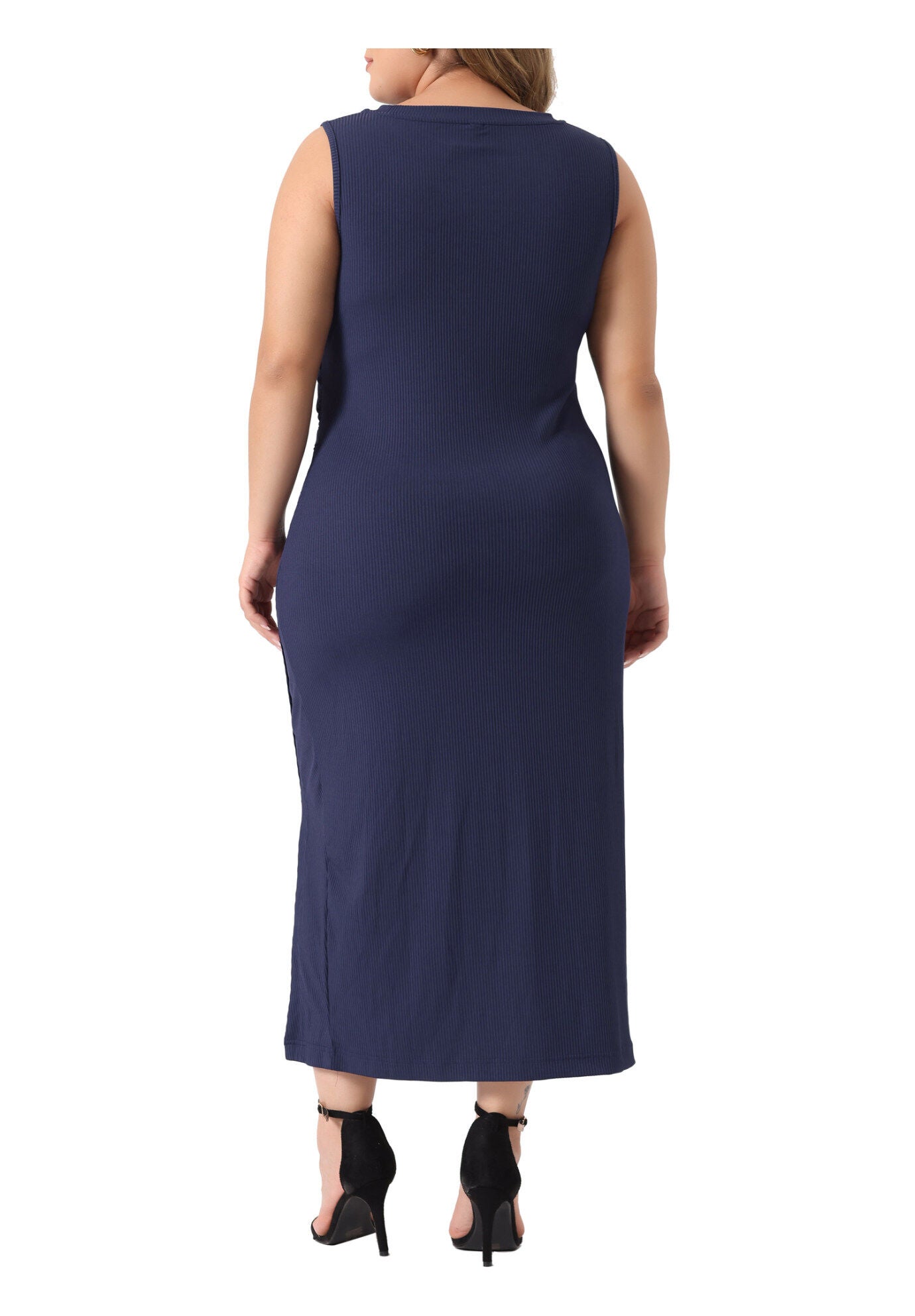 Knit Slit Tank Midi Ruched Sleeveless Bodycon Dress, Navy Blue / Navy, alternate image number 3