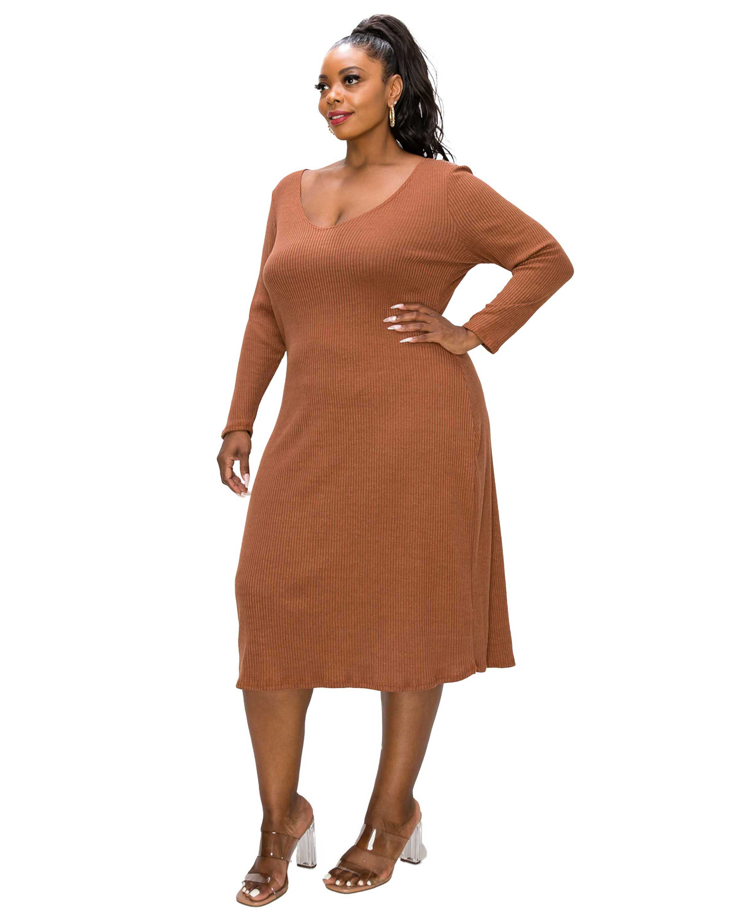 PLUNGE NECK CASHMERE RIB MIDI DRESS, Chestnut / Brown, alternate image number 2