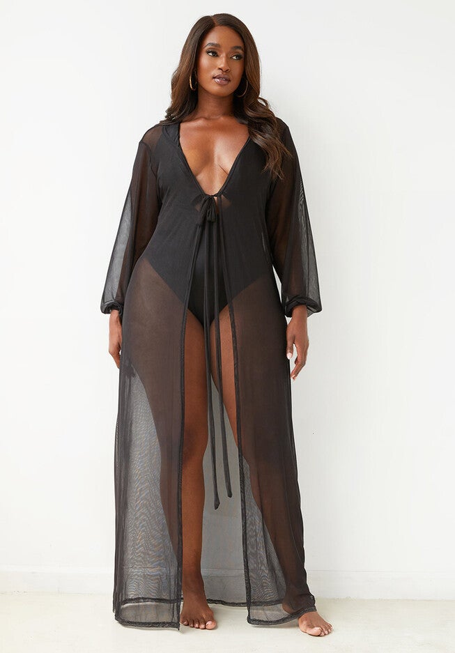 Sophia Long Sleeve Sheer Swim Cover, Black / Black, alternate image number 3