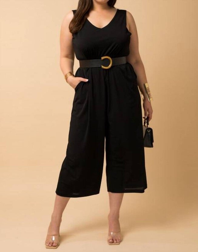 SLEEVELESS V-NECK POCKET WRAP BACK JUMPSUIT IN BLACK, Black / Black, hi-res image number null
