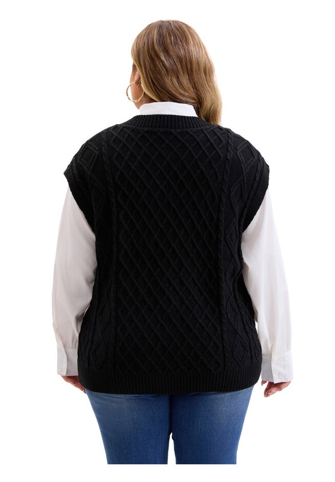 V Neck Knit Solid Ribbed Pullover Sweaters Vest, Black / Black, alternate image number null