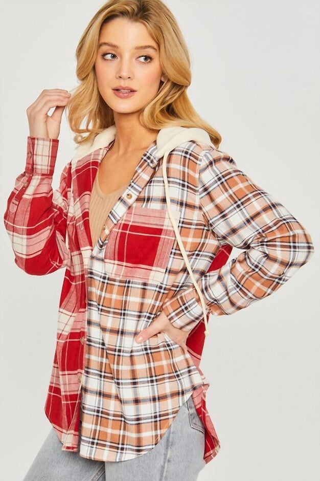 TWO TONE HOODED FLANNEL SHIRT IN RED, , alternate image number 5