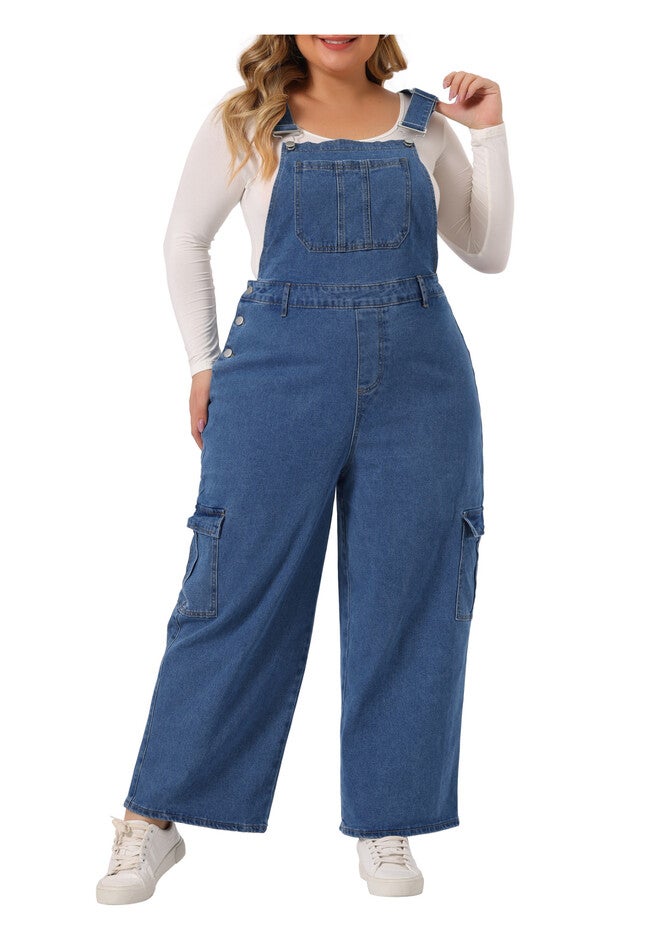BAGGY WIDE LEG LOOSE BIB JEANS ADJUSTABLE ROMPER JUMPSUIT OVERALL, Mid Blue / Royal Blue, alternate image number 1