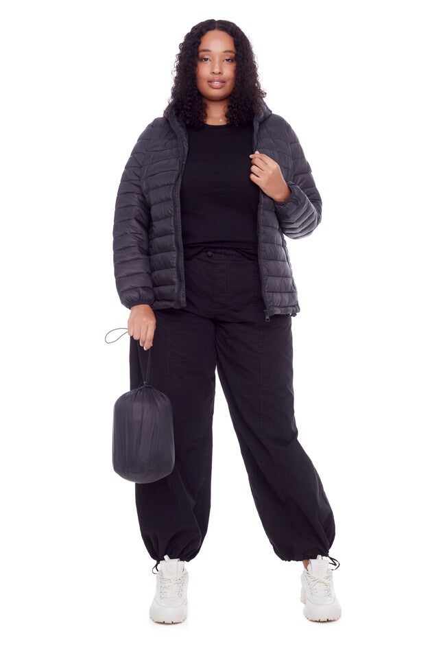 Women's Plus Size - YOHO | Vegan Down Lightweight Packable Puffer Jacket & Bag, Black / Black, alternate image number 1