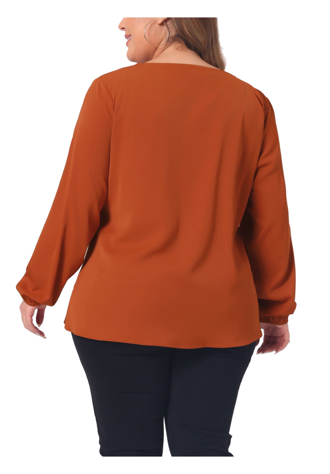 Long Sleeve Flowy Shirt Pleated V Neck Blouse, Caramel / Burnt Orange, alternate image number 2