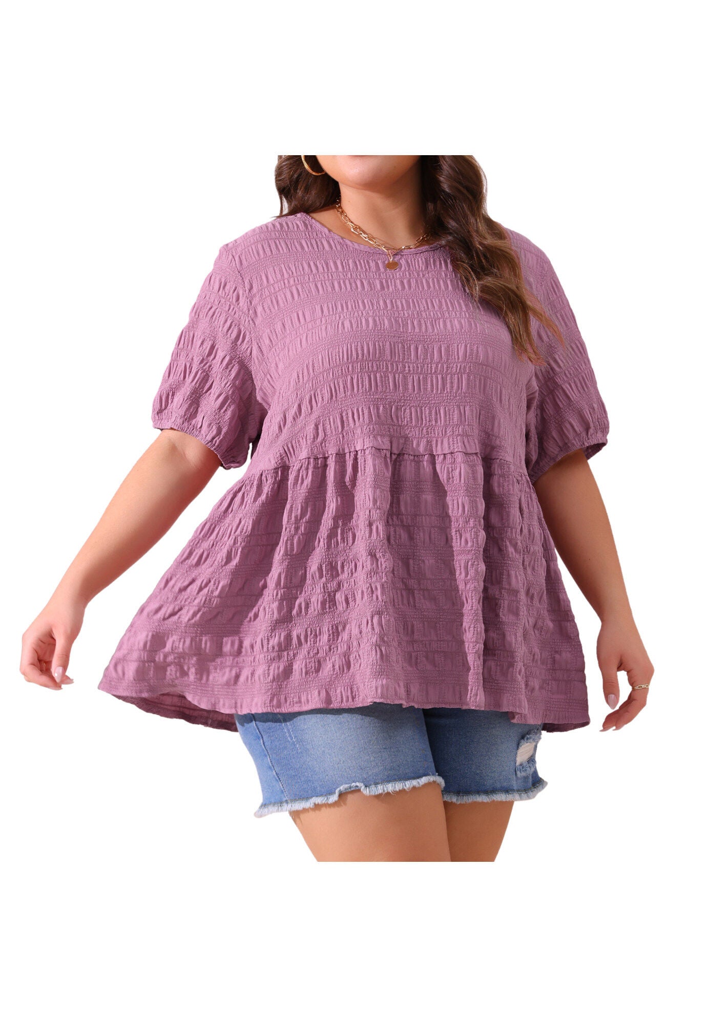 Babydoll Short Sleeve Loose Fit Flowy Blouse, Purple / Purple, alternate image number 2