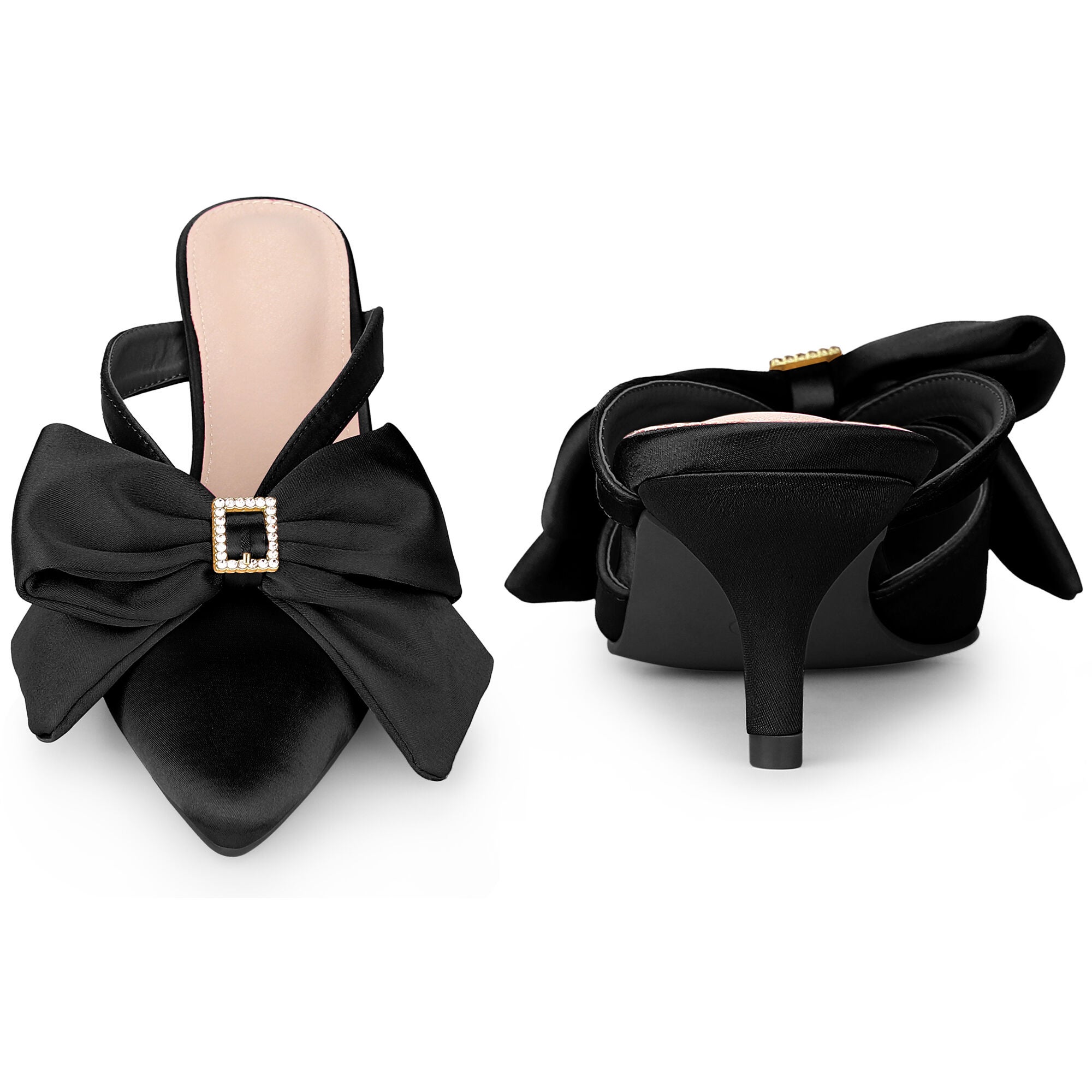 Bow Rhinestones Kitten Heels Satin Slide Mules, Black / Black, alternate image number 1