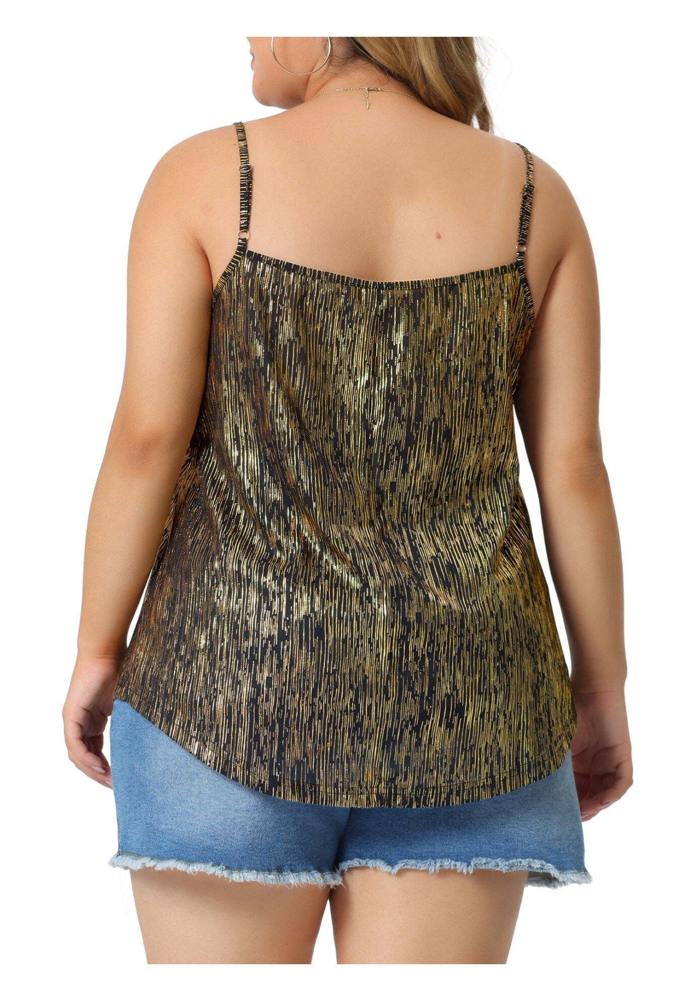 V NECK GLITTER CAMI SLEEVELESS SEQUIN TANK TOP, Black Gold / Gold, alternate image number 3