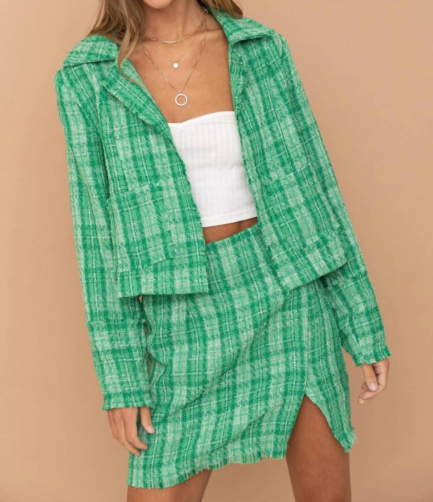 LIGHTWEIGHT TWEED SLIT SKIRT IN GREEN, Green / Light Green, hi-res image number 0