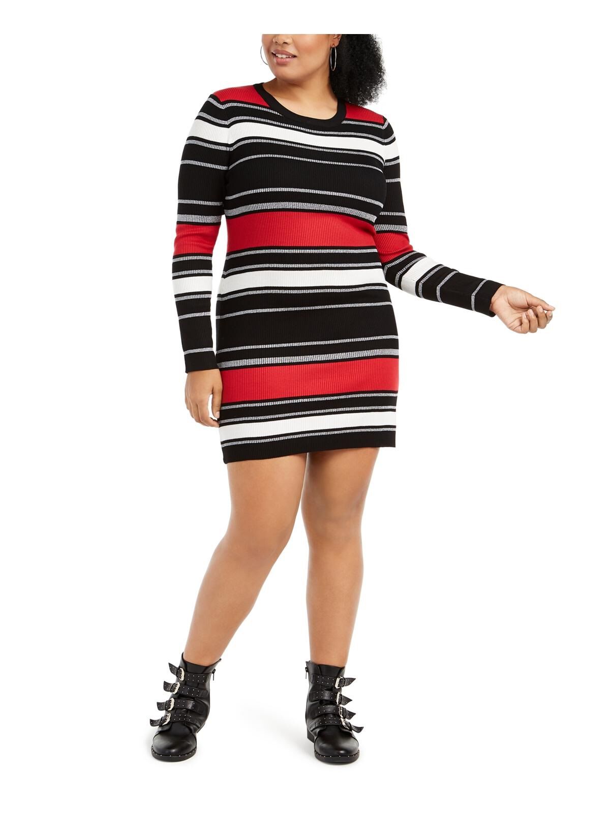 Planet Gold Juniors' Plus Size Striped Sweater Dress Black Size 1X, Black / Black, hi-res image number 0