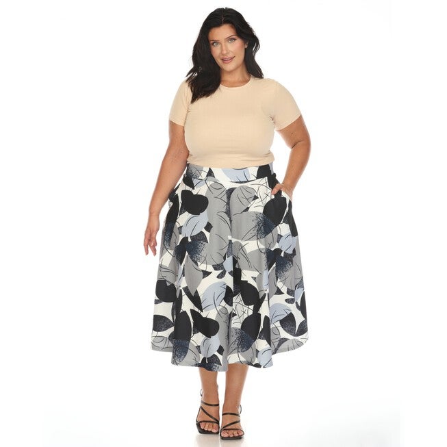 Leaf Print Vintage Flared Midi Skirt, Navy Gray / Navy, alternate image number null