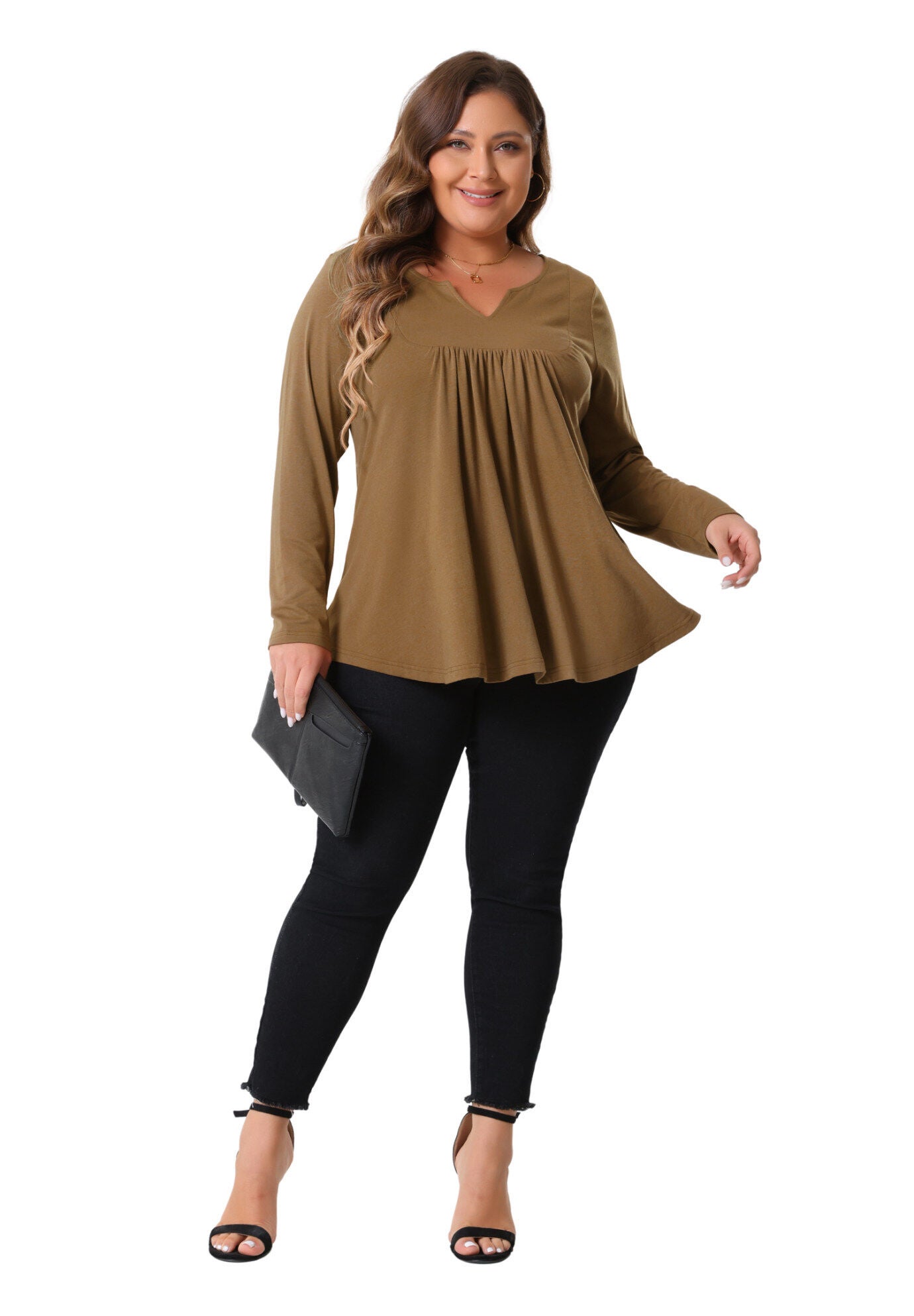 Notched Neck Long Sleeve Front Pleated Blouse, Brown / Brown, hi-res image number 0