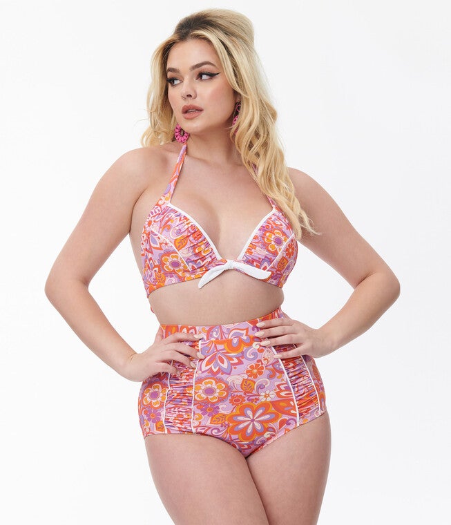 Unique Vintage Purple & Orange Bohemian Floral Print Halter Swim Top, Purple  Orange Bohemian Floral Print / Purple, alternate image number 2