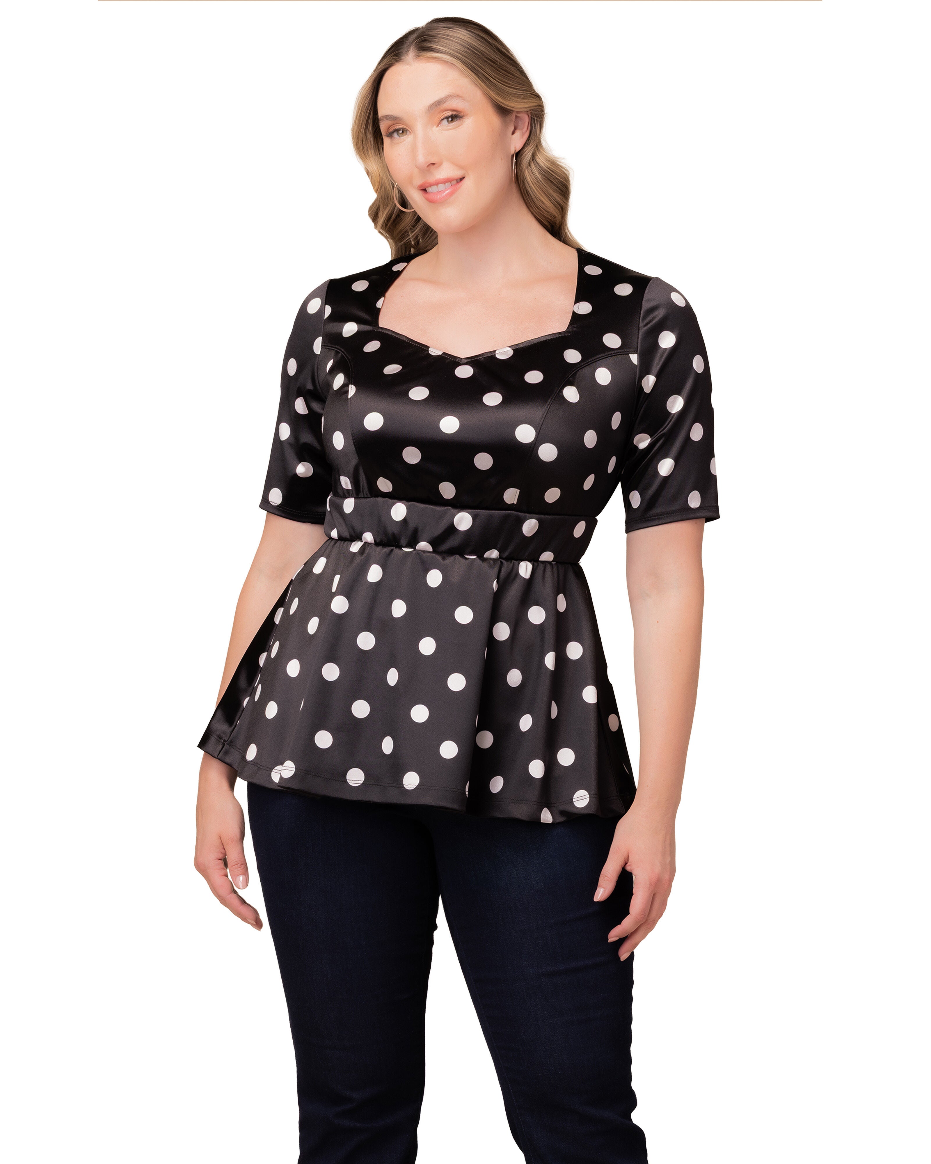 Posh Peplum Top, BLACK POLKA DOT / Black, hi-res image number 0