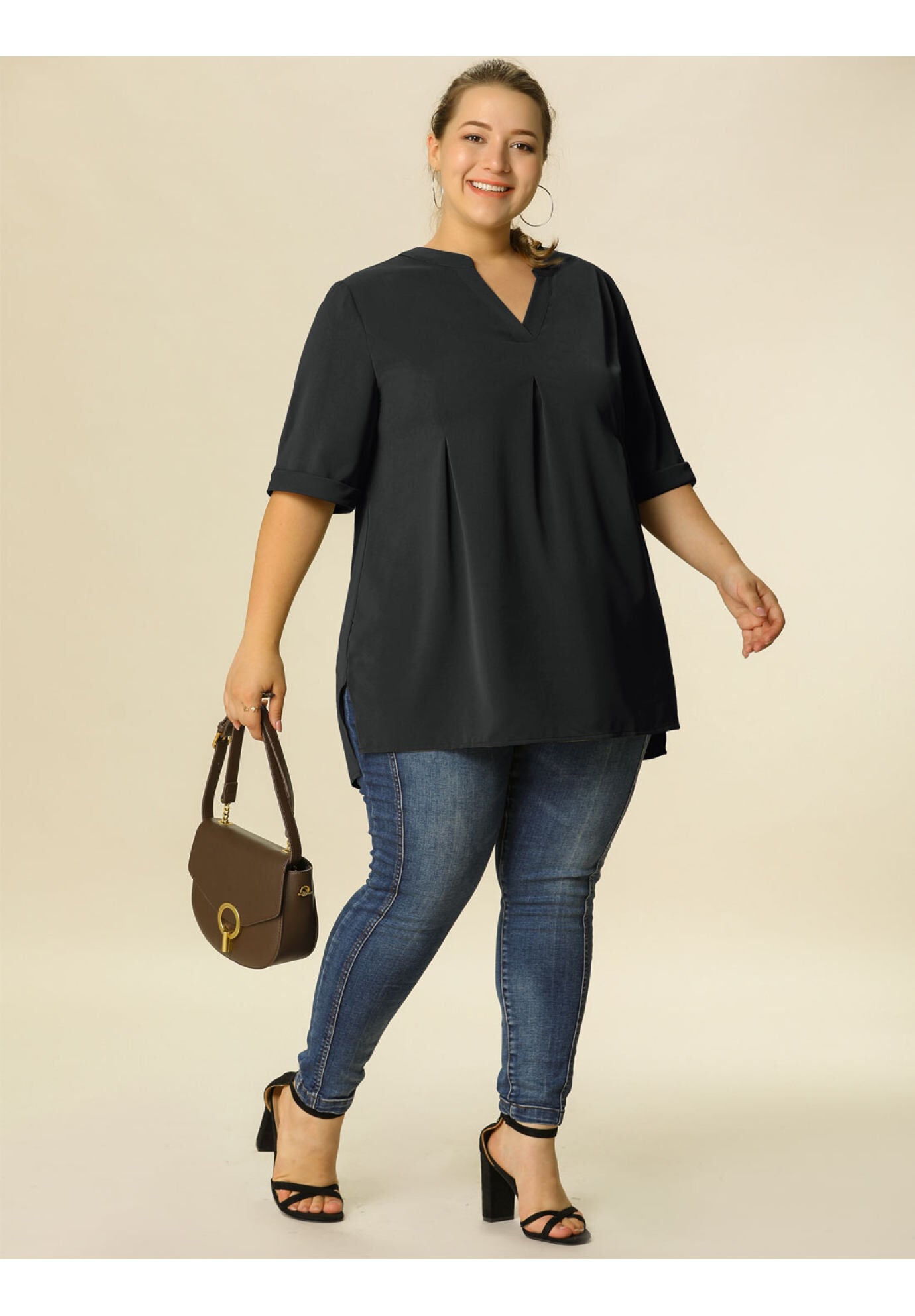 V Neck Casual Solid 1/2 Sleeve Tunic Blouse, Black / Black, hi-res image number 0
