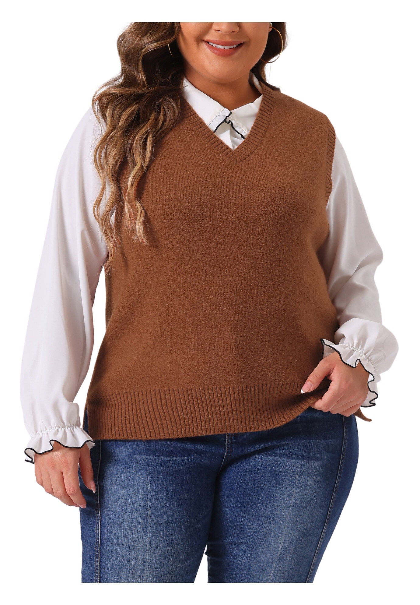 V Neck Knit Vest Sleeveless Pullover Sweater Top, Brown / Brown, alternate image number 3