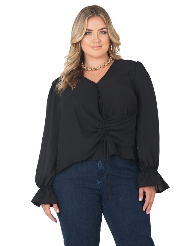 Plus Size Vera Tie Front Flute Sleeve Blouse, Black / Black, hi-res image number 0