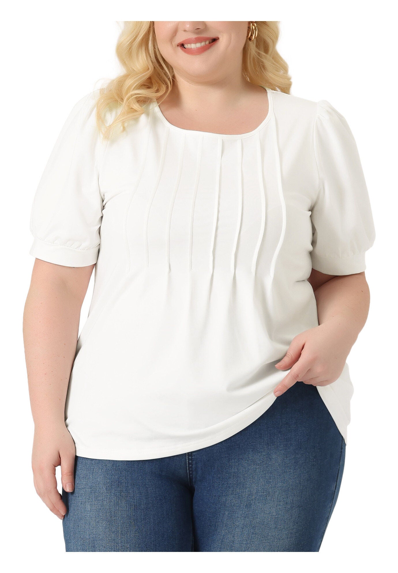 Puff Short Sleeve Crew Neck Pleated Tunic Blouse, White / White, alternate image number 2