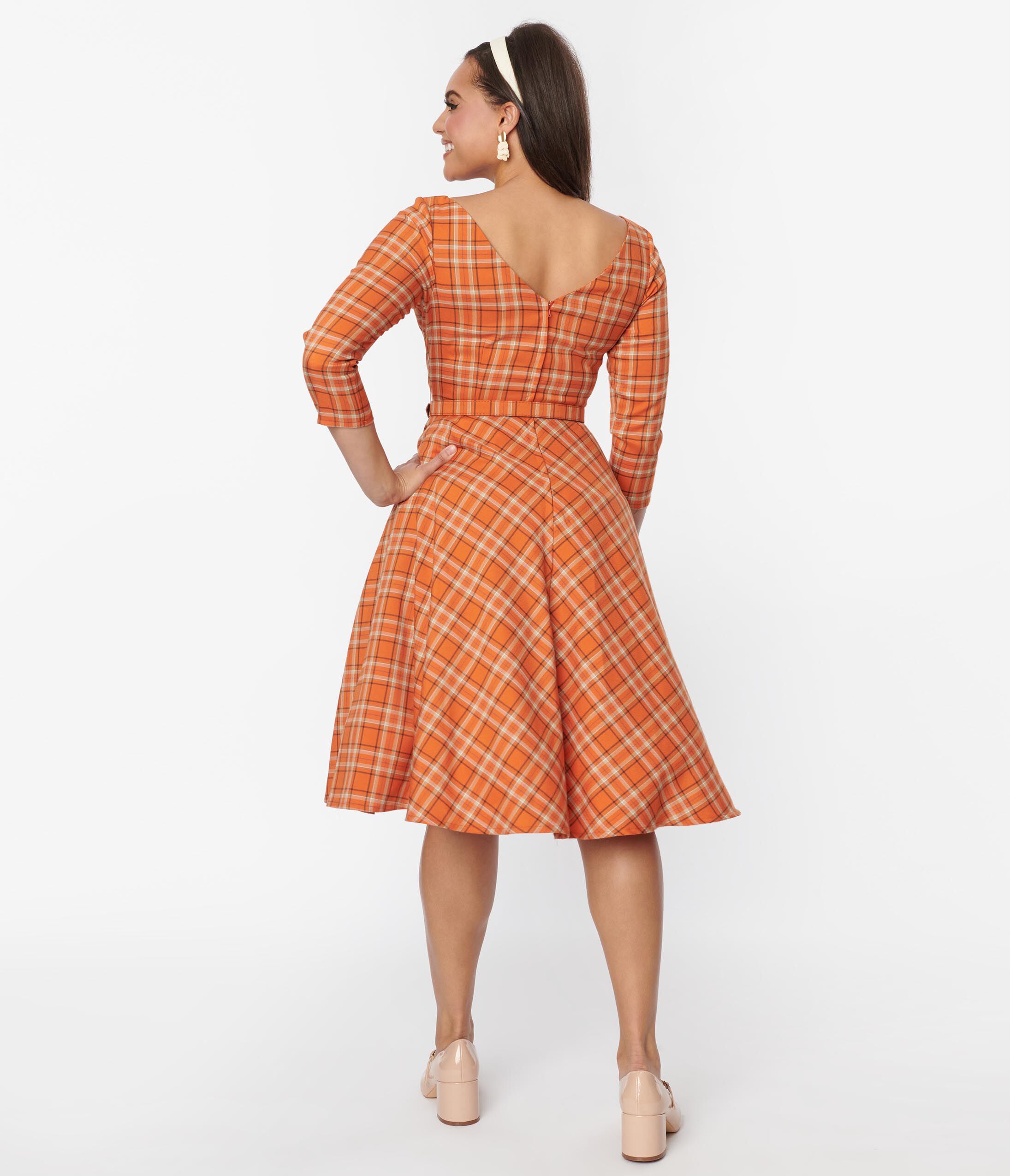 Unique Vintage Orange Plaid Devon Swing Dress, , alternate image number 4