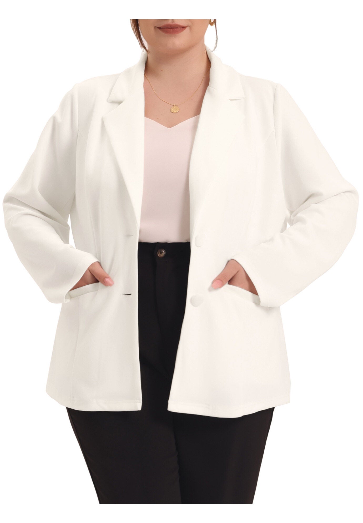 NOTCHED LAPEL V NECK WORK SUIT BLAZER, White / White, alternate image number 1