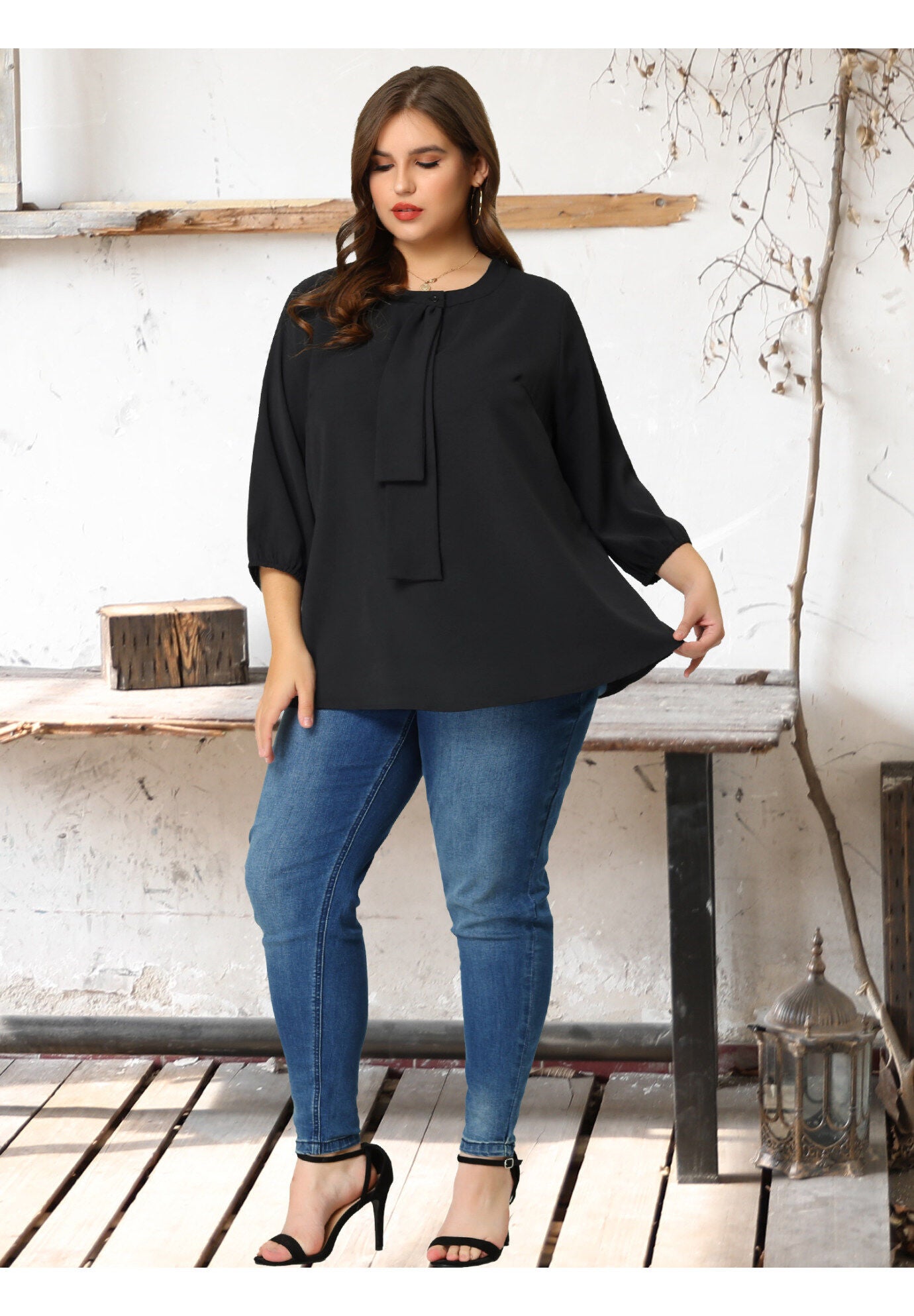 3/4 Sleeve Work Office Tie Front Ruffle Chiffon Blouse Top, Black / Black, hi-res image number 0