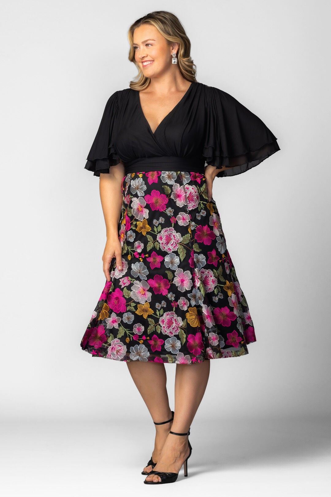 Lillian Embroidered Cocktail Dress, Vibrant Floral Frolic / Black, alternate image number 3