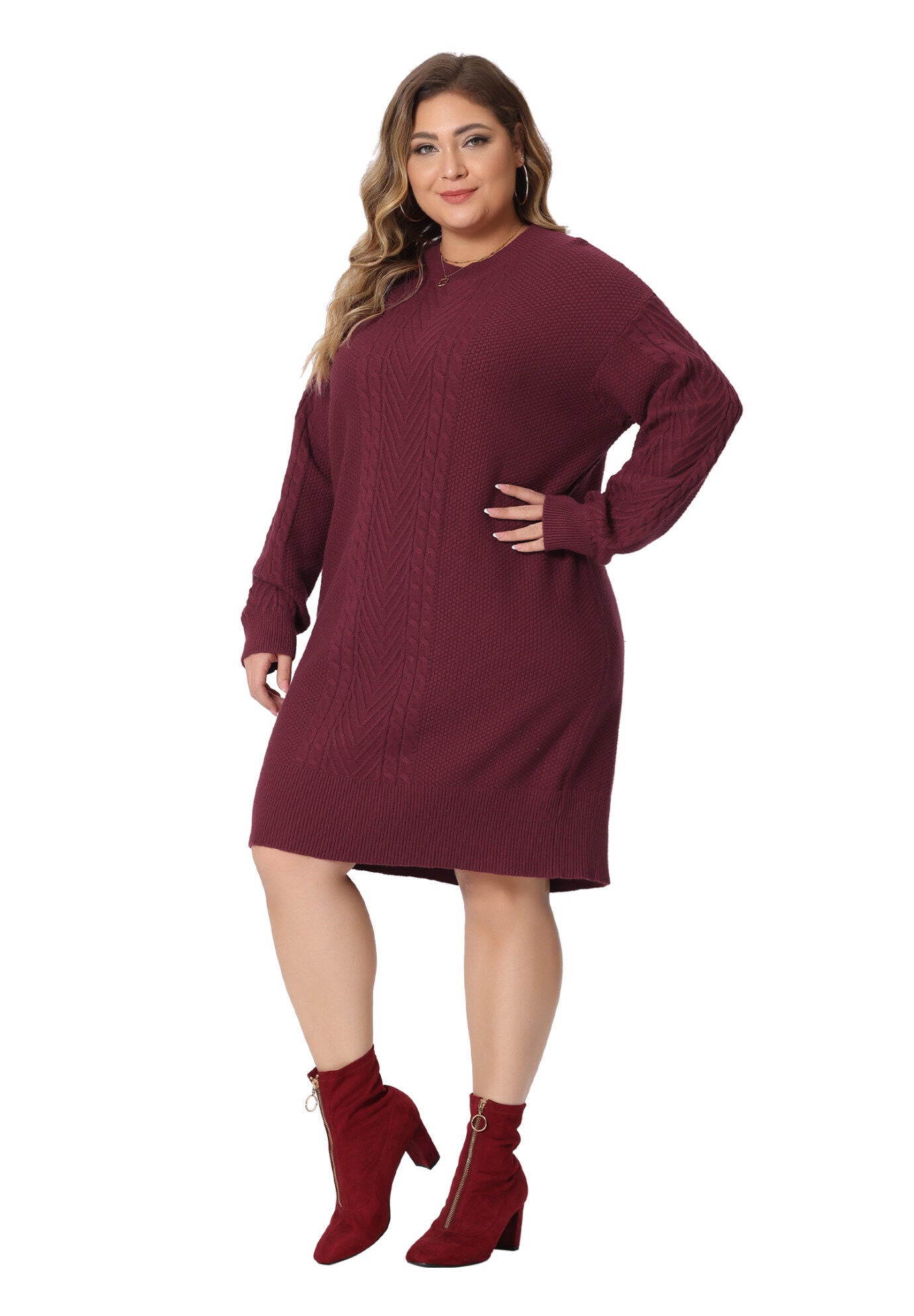 CREWNECK LONG SLEEVE KNIT TUNIC PULLOVER SHORT SWEATER DRESS, Burgundy / Red, hi-res image number 0