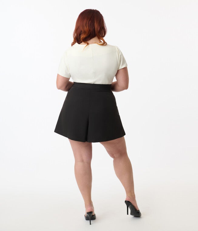 Unique Vintage Plus Size Black Joyce Shorts, Black / Black, alternate image number 2