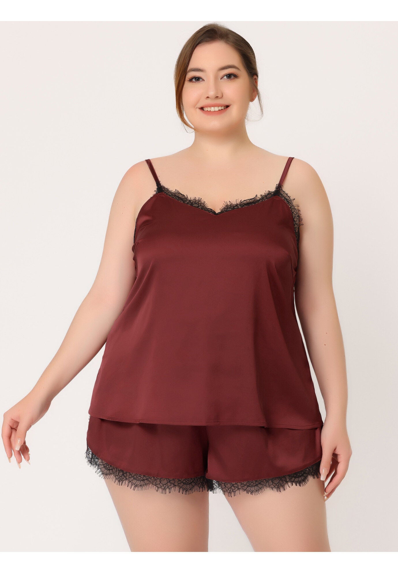 SATIN LACE PANEL CAMI TOP AND SHORTS SLEEPWEAR 2 PIECES PAJAMAS SET, Burgundy / Red, hi-res image number 0