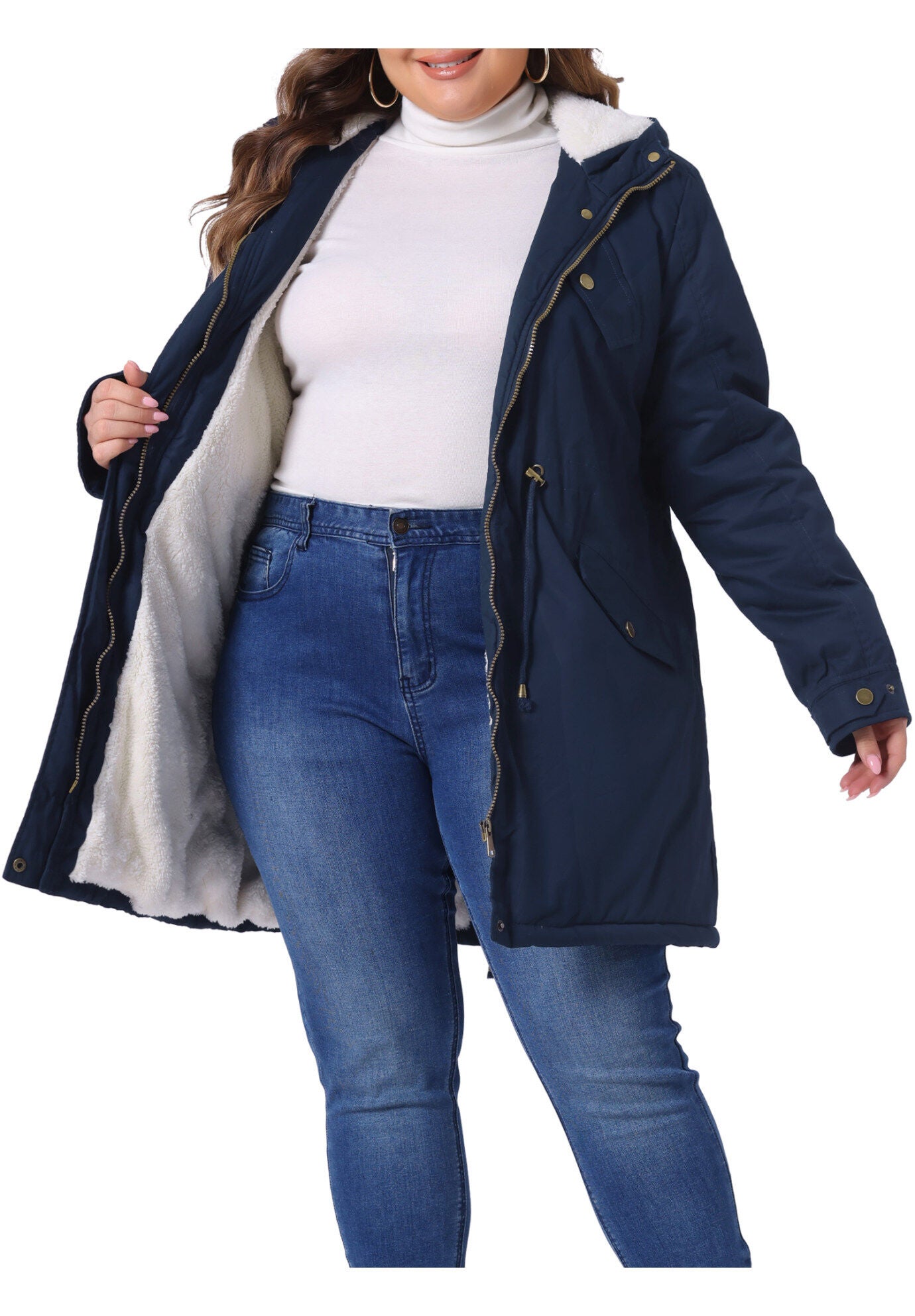 HOODED PARKAS JACKET FAUX FUR LINED LONG ANORAK COAT, Navy Blue / Navy, alternate image number 2