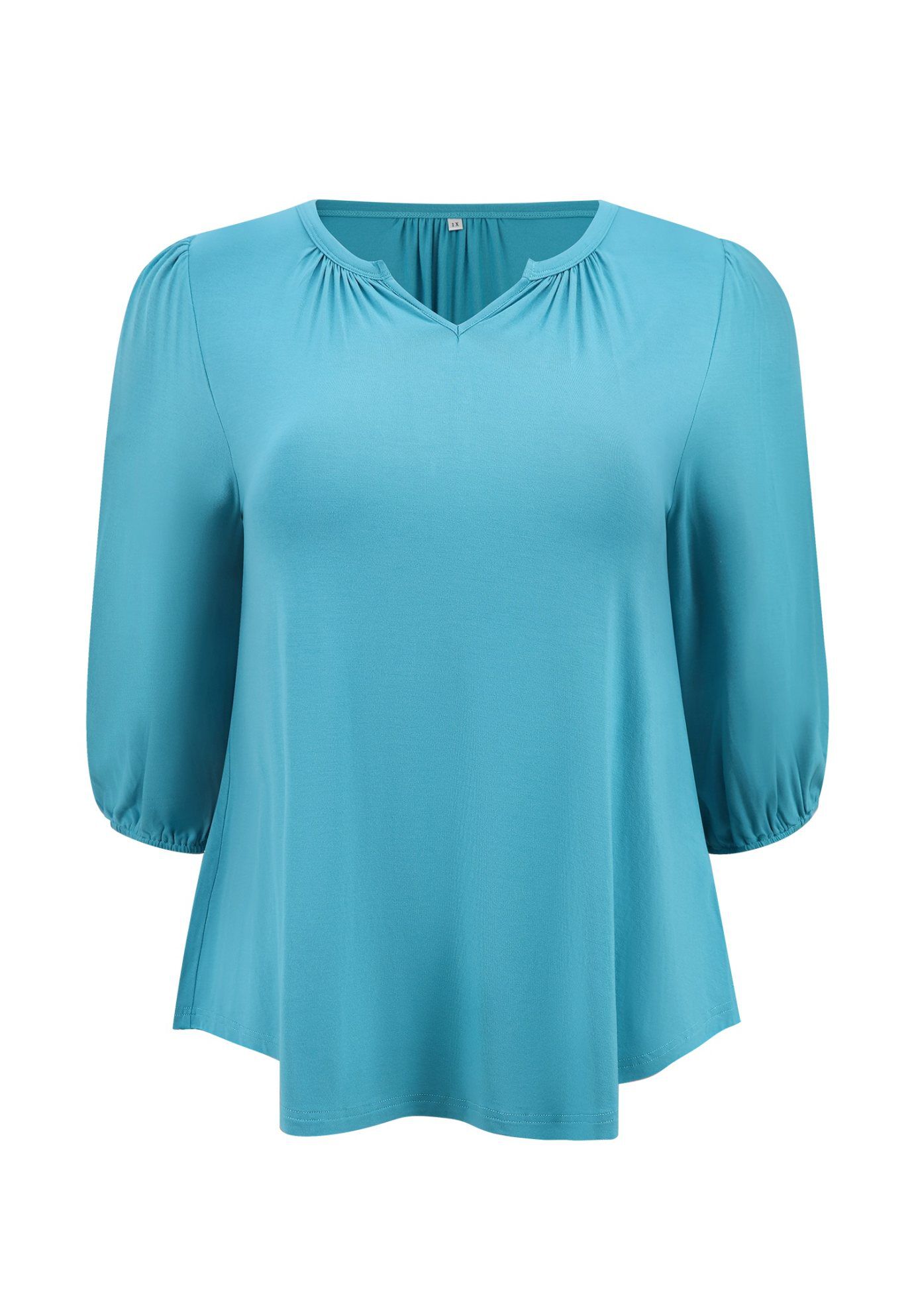 Smocked 3/4 Sleeve Notch V Neck Shirt Blouse, Lake Blue / Azure Blue, alternate image number 3