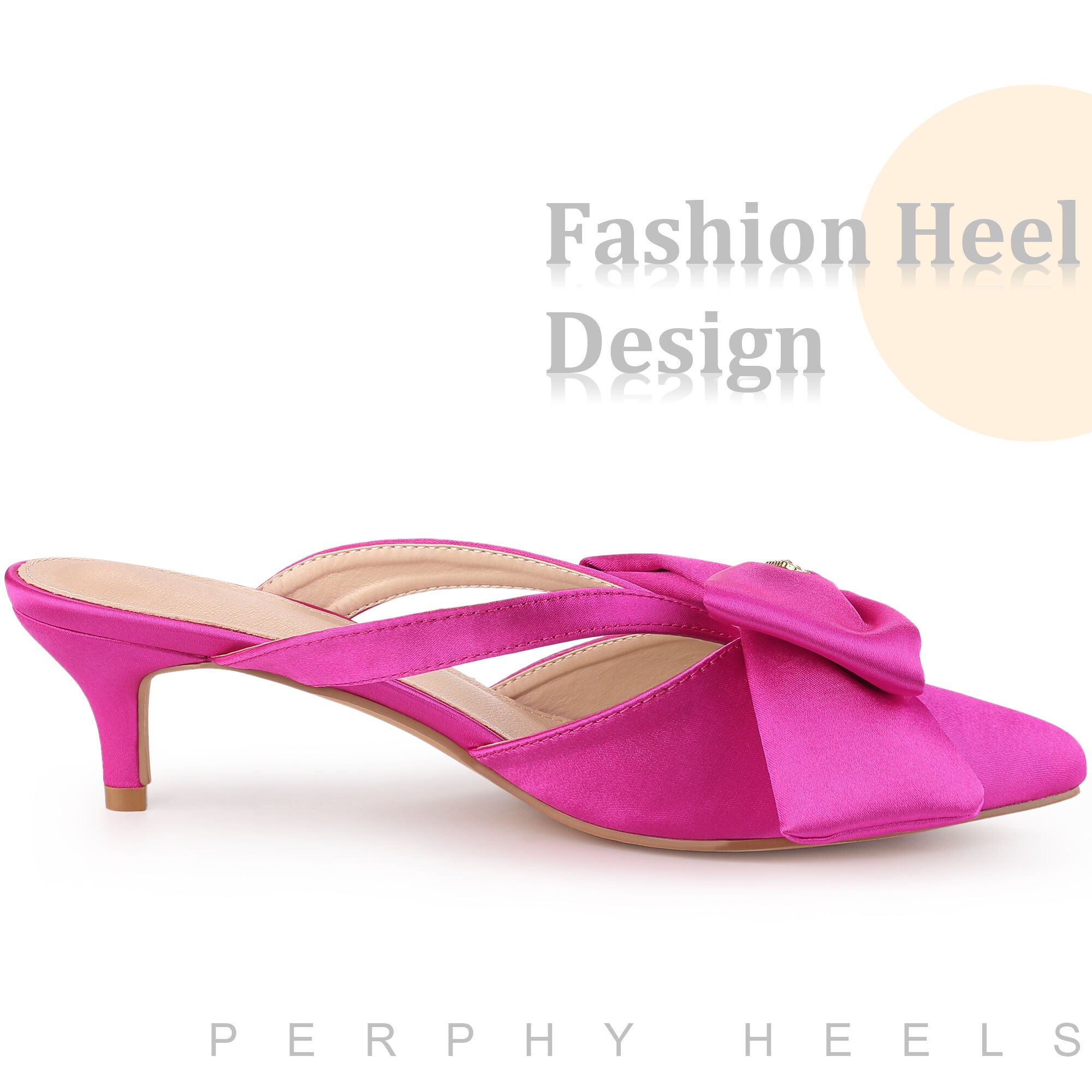 Bow Rhinestones Kitten Heels Satin Slide Mules, Hot Pink / Pink, alternate image number 4