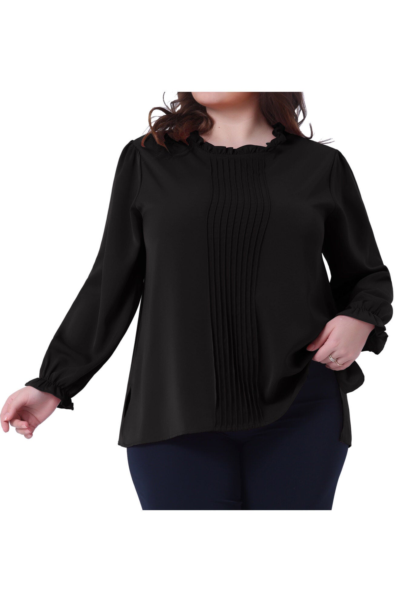Long Sleeve Ruffle Front Pleated Top Elastic Cuff Blouse, Black / Black, alternate image number 2