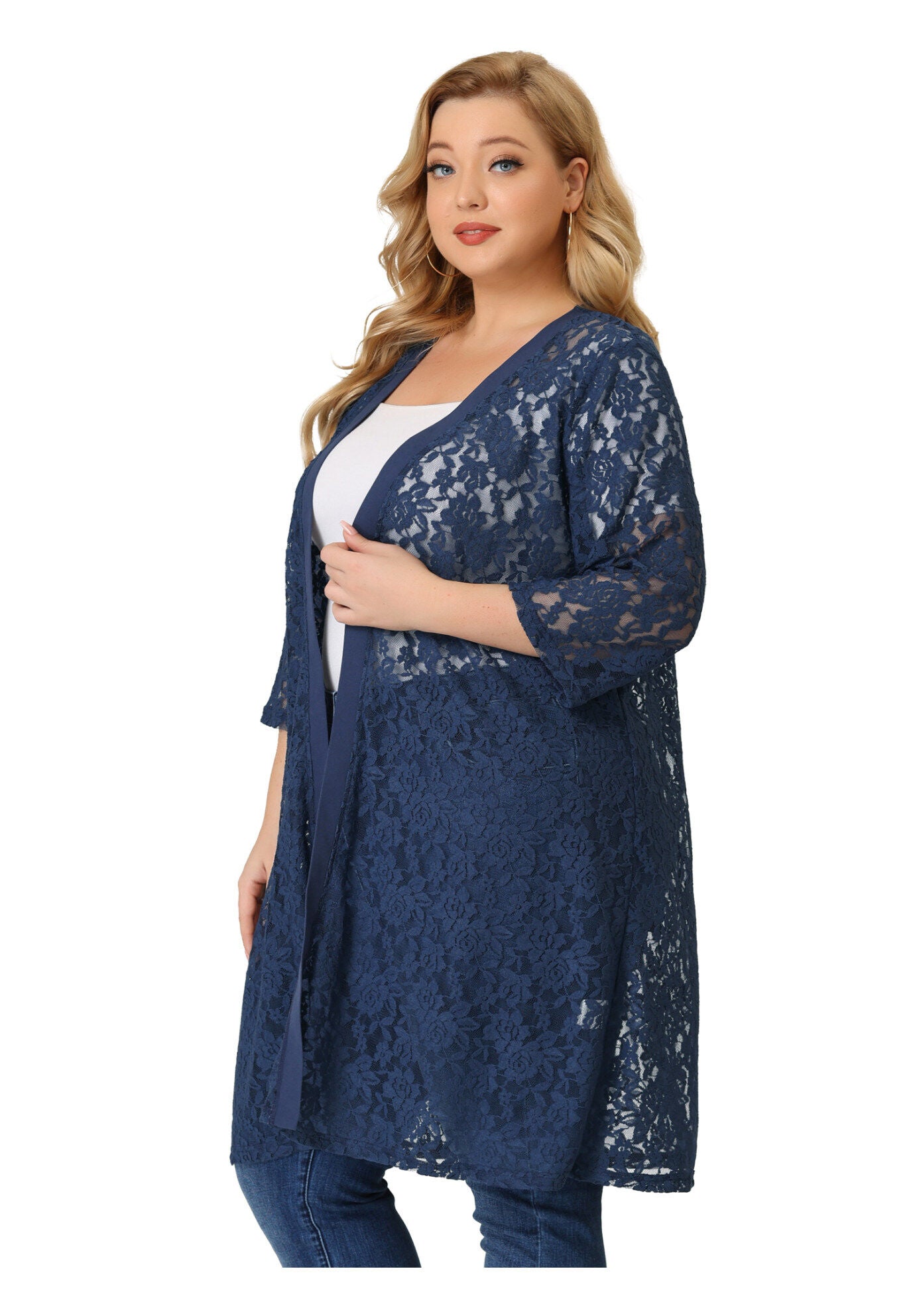 LACE CROCHET 3/4 SLEEVE COVER UP CARDIGAN, Navy / Navy, alternate image number 3