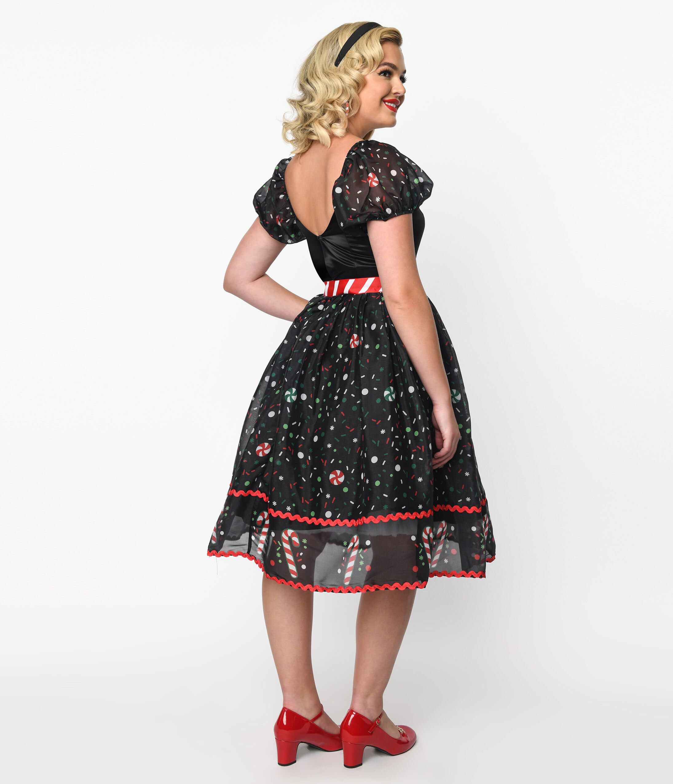 Unique Vintage Black Candy Cane Sprinkles Swing Dress, Black Candy Cane Sprinkles / Black, alternate image number 3