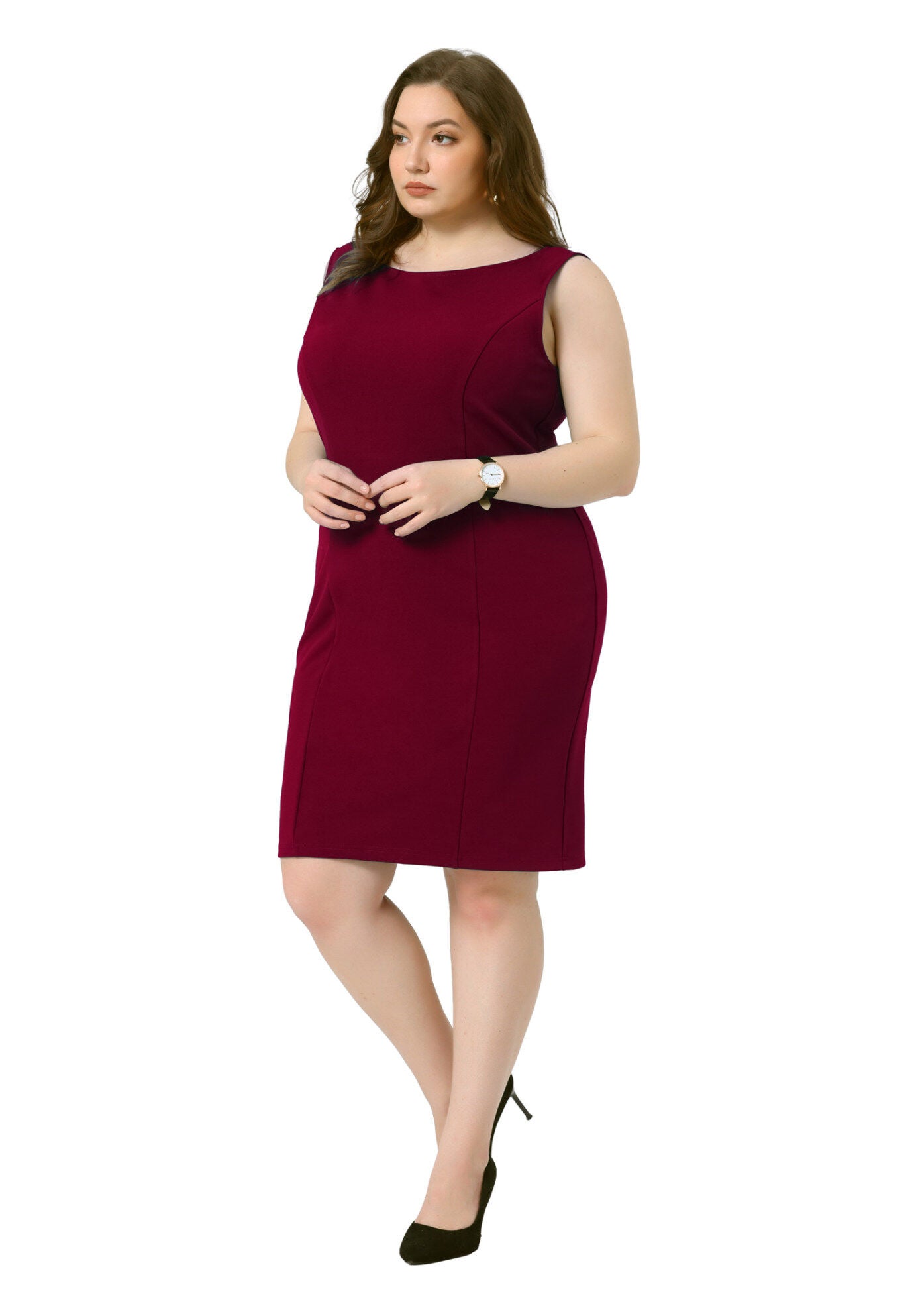 SLEEVELESS BOAT NECK STRAIGHT PENCIL SHEATH DRESS, Burgundy / Burgundy, hi-res image number 0